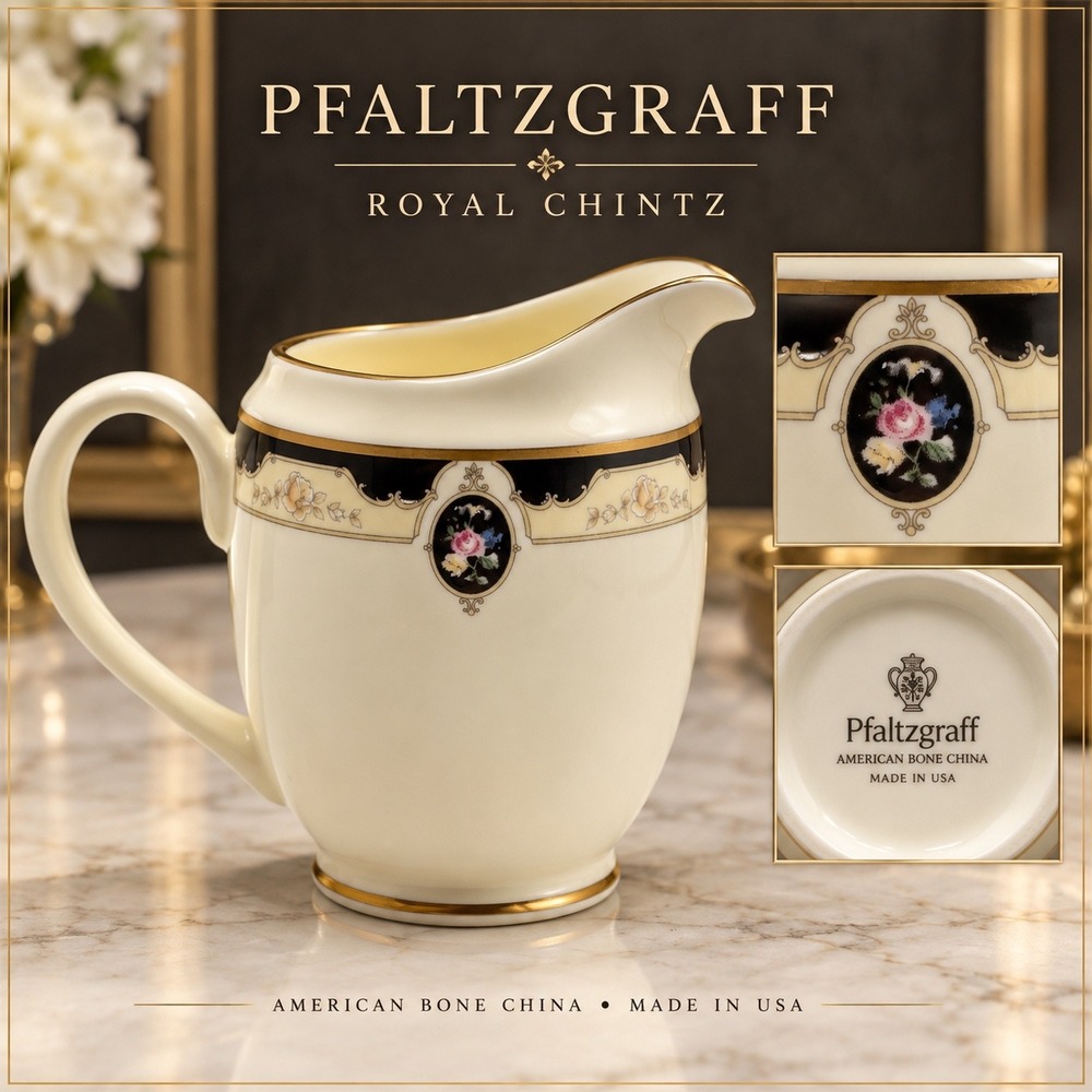 Pfaltzgraff Royal Onyx Creamer Pitcher American Bone China Floral Gold Trim USA